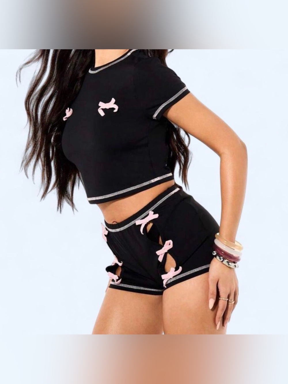 Black & Pink Bow Crop Top and Short Pajama Set